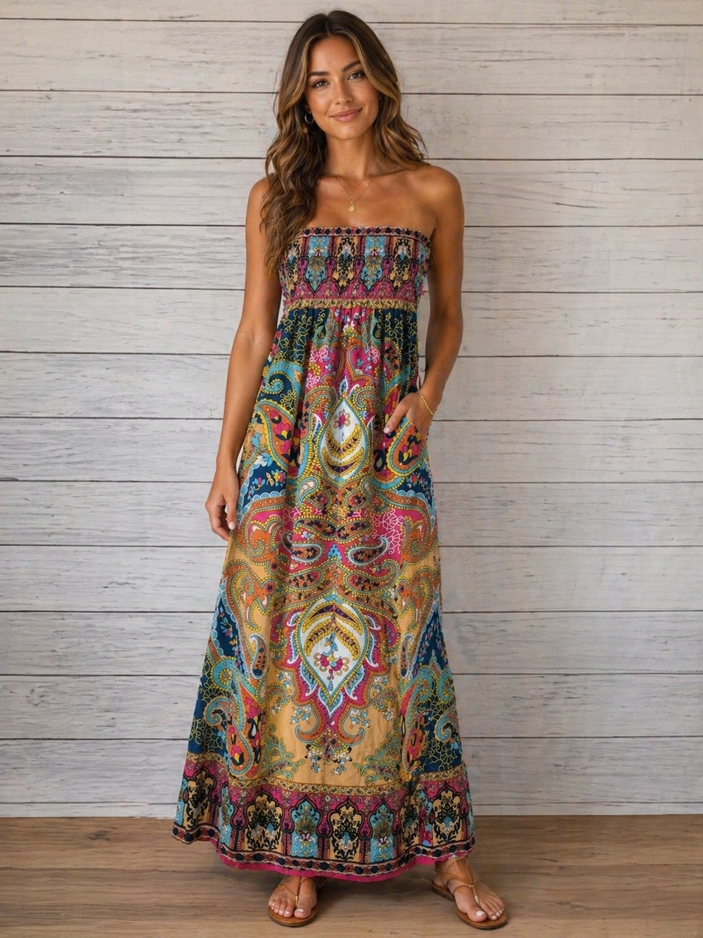 Forever 21 Strapless Maxi Dress in Pink, Blue & Gold Paisley